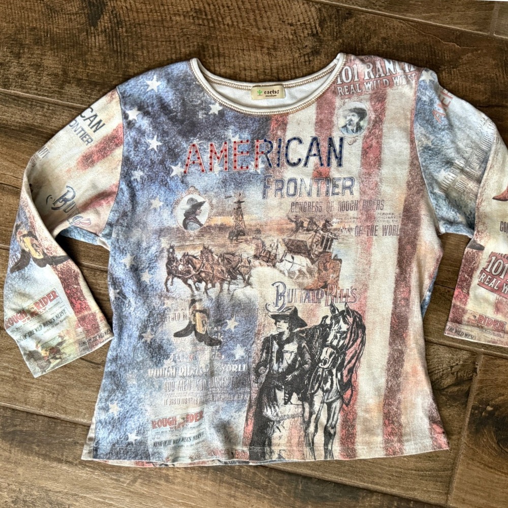 Cactus American Frontier Western Graphic Print T Shirt, Red Blue, M